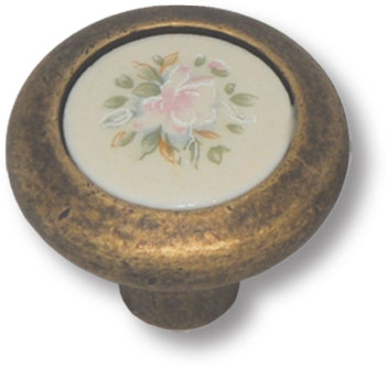 9852-831 Ручка кнопка керамика с цветочным орнаментом, старая бронза 