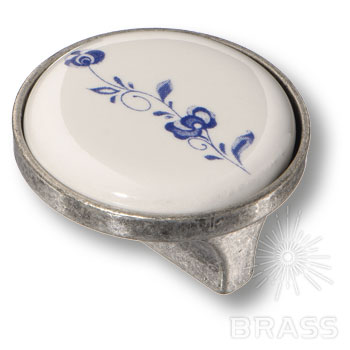 15.348.32.PO01.16 Ручка кнопка керамика с металлом, синий цветочный орнамент старое серебро 32 мм