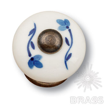 330H3 Ручка кнопка керамика с металлом, голубые цветы на белом фоне