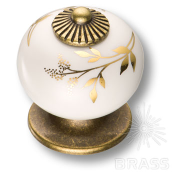 3020-013-178 Ручка кнопка керамика с металлом, белый с золотым орнаментом