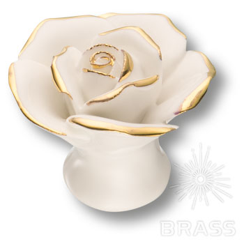 3060-WHITE GOLD LINES Ручка кнопка в форме розы, керамика ручной работы, цвет белый с золотом