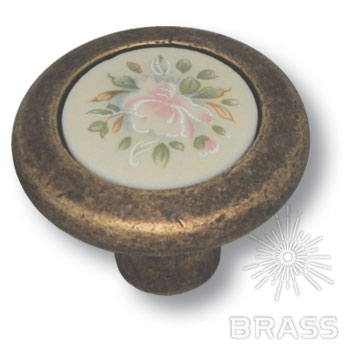 9851-831 Ручка кнопка керамика с цветочным орнаментом, старая бронза