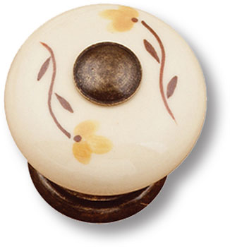 330H4 Ручка кнопка керамика с металлом, коричневые цветы на молочном фоне