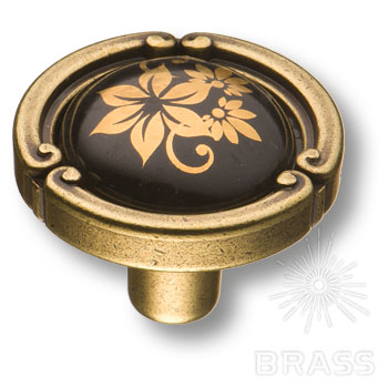15.090.35.PO25B.12 Ручка кнопка керамика с металлом, цветочный орнамент античная бронза